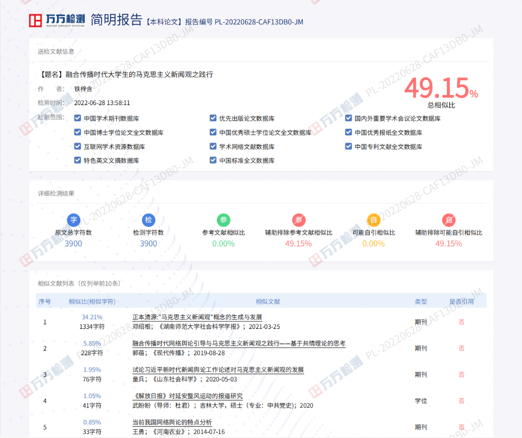 万方论文查重报告截图，毕业论文初稿相似度检测报告单